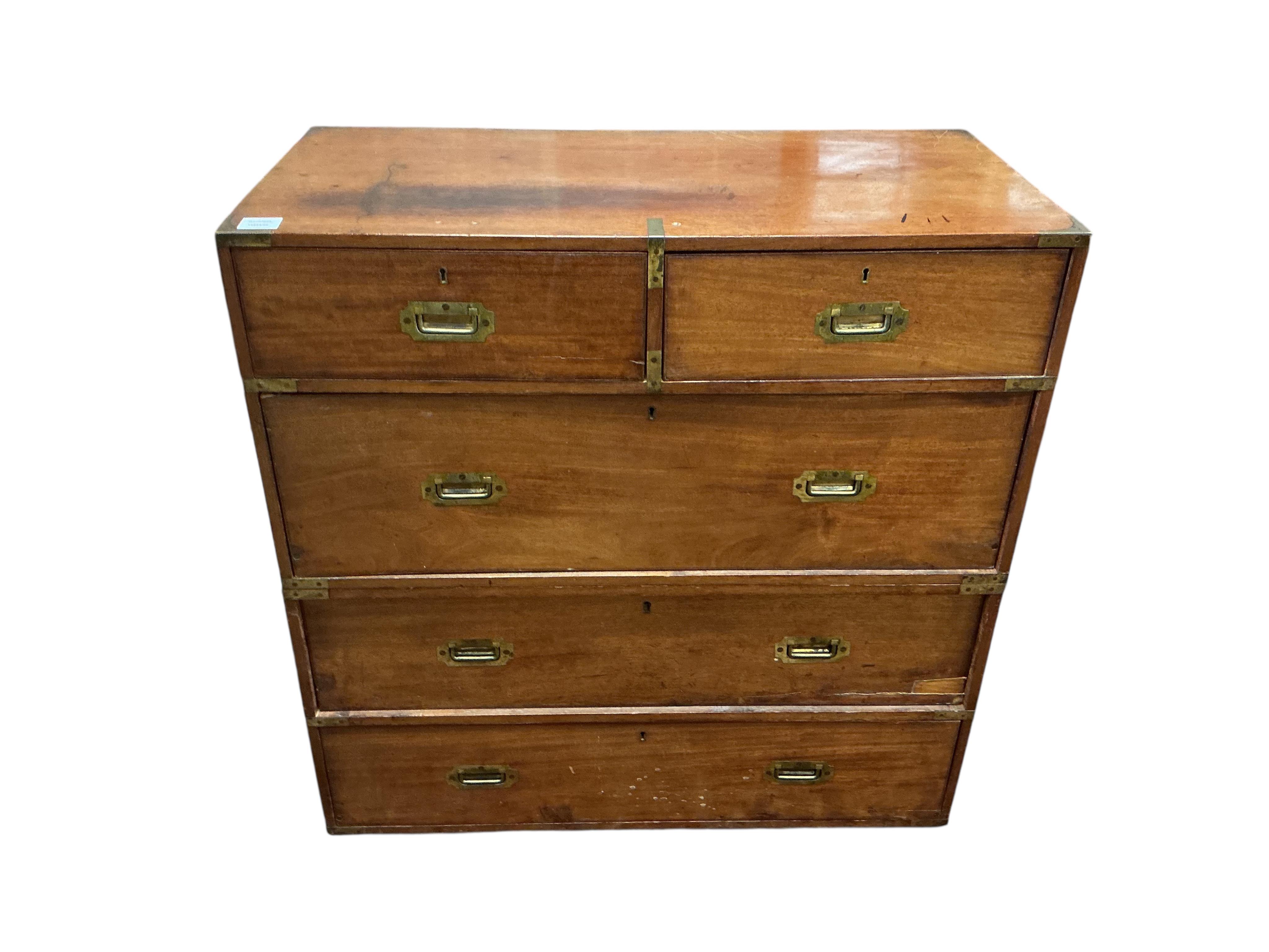 A Victorian mahogany brass mounted two part military chest, width 91cm, depth 45cm, height 91cm